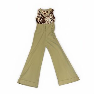 1970's Disco Leopard Print and Khaki Polyester Jumpsuit Size Small